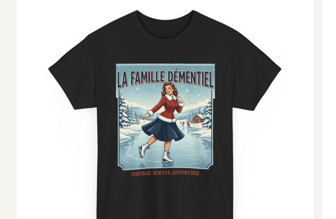 T-shirt illustrer-La Famille Démentiel : patins  sur le lac gelé