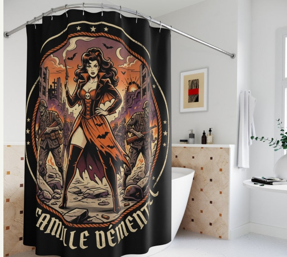 Rideau douche dark Fantasy-La Famille Démentiel ; tueuse  de zombie militaire