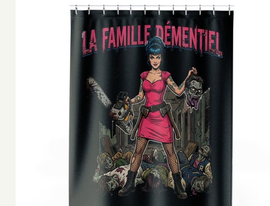 Rideau douche dark Fantasy-La Famille Démentiel : rose tueuse de zombies école