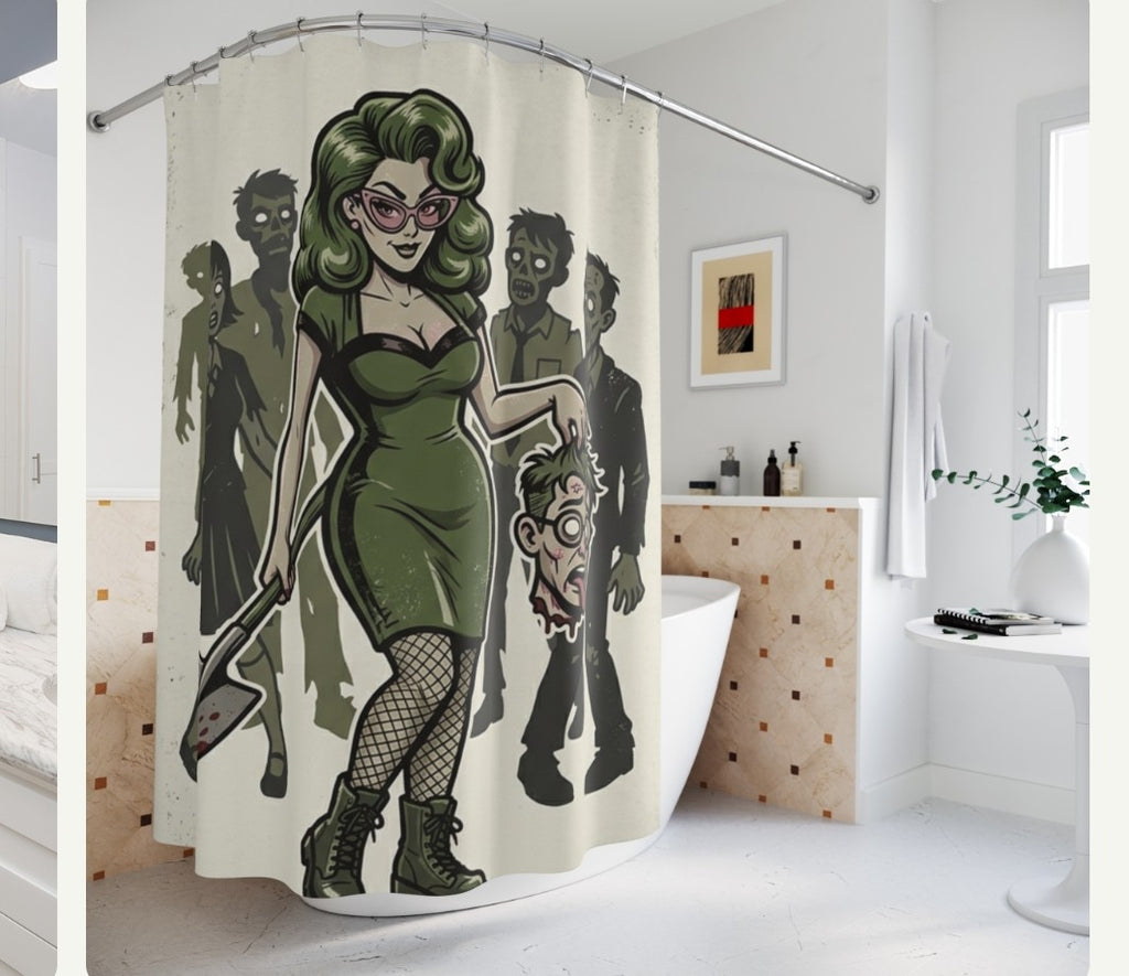 Rideau douche dark Fantasy-La Famille Démentiel : tueuse  zombie vert
