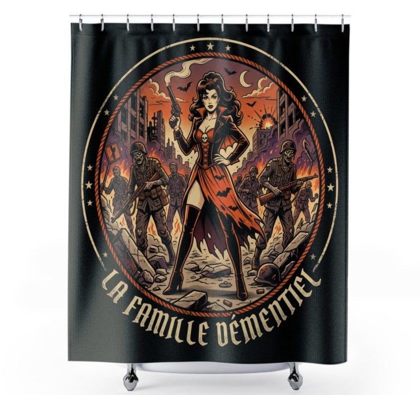 Rideau douche dark Fantasy-La Famille Démentiel ; tueuse  de zombie militaire